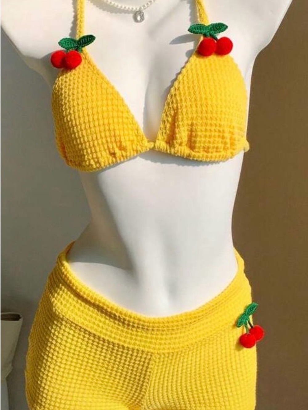 Handmade Yellow Crochet Cherry Bikini Set
